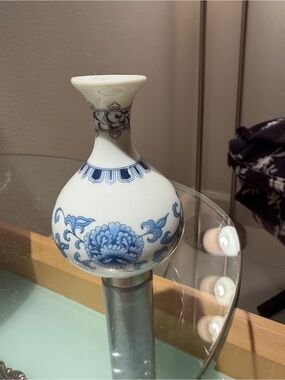 Miniature Blue and White Floral Porcelain Bud Vase - made in Japan